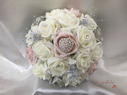 Mocha Pink & Silver Roses With Delicate Heart Brooch
