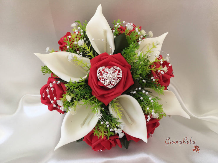 Red Rose & Calla Lily With Pearls & Diamante Heart Brooch