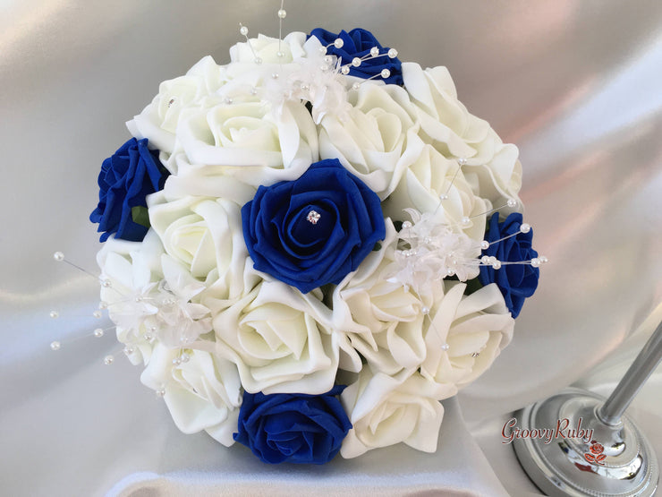 Royal Blue & Ivory Rose Crystal With Ivory Pearl Babies Breath