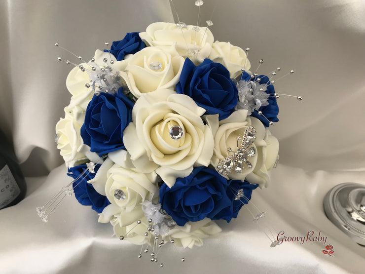 Royal Blue & Ivory Rose With Silver & Crystal Butterfly