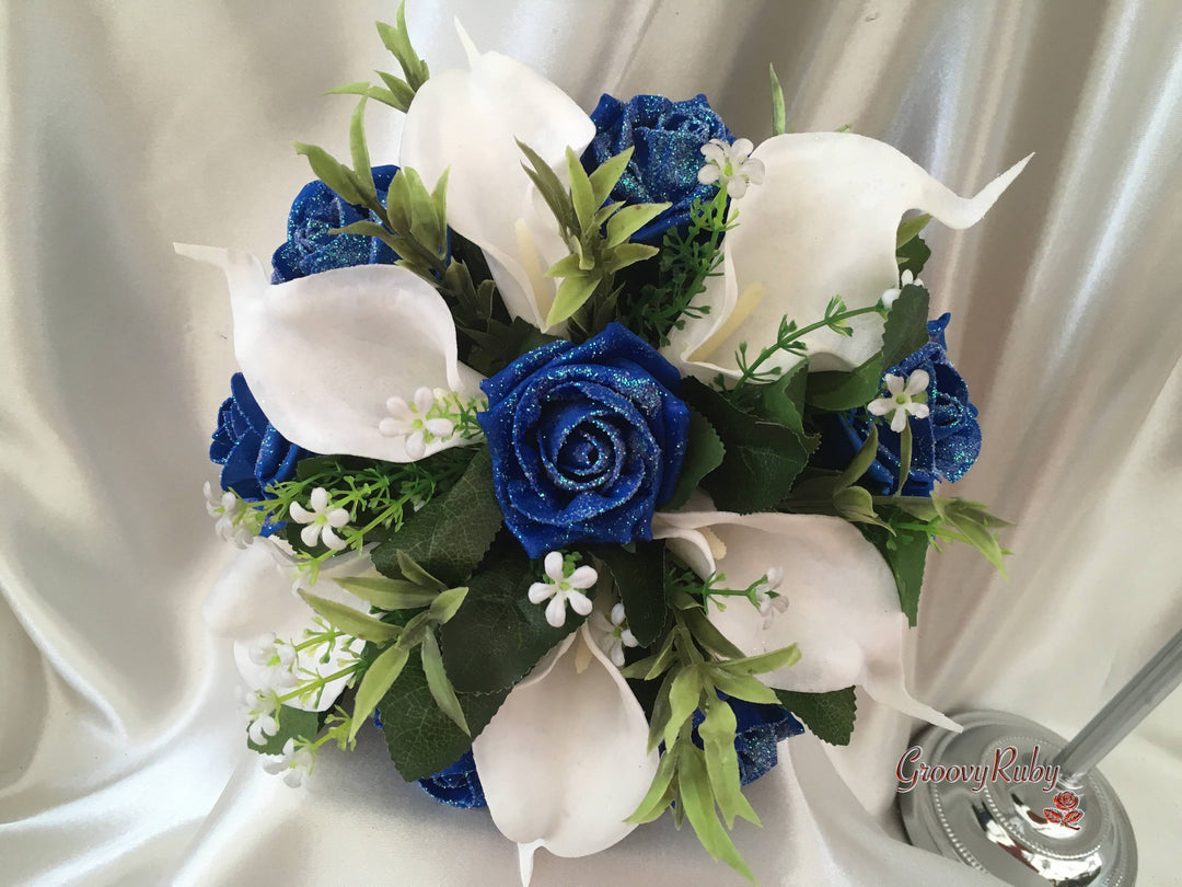 blue roses and white calla lilies bouquet Royal Blue Glitter Roses & Large White Calla Lily – GroovyRuby Ltd