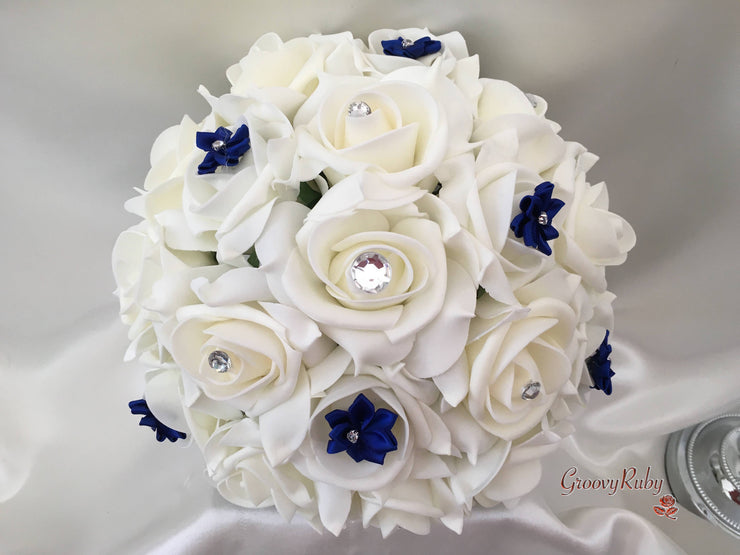 Rose Bouquets With Royal Blue Satin Diamante Flowers