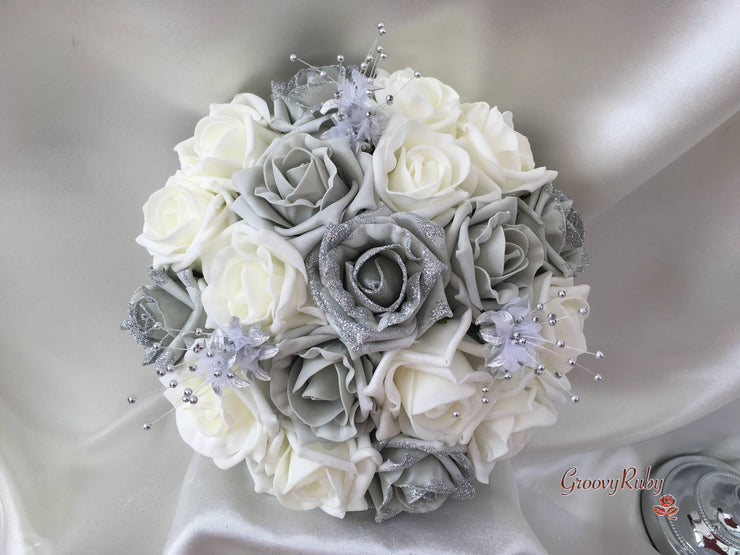 Silver Glitter Rose With Silver Babies Breath