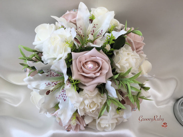 Small Tiger Lilies & Vintage Mocha Pink Roses With Foliage