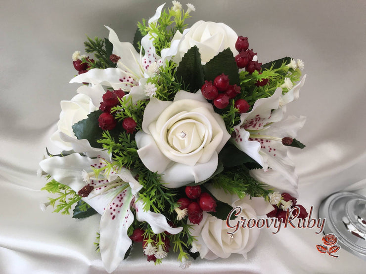 Small Tiger Lilies & Ivory Roses With Berries