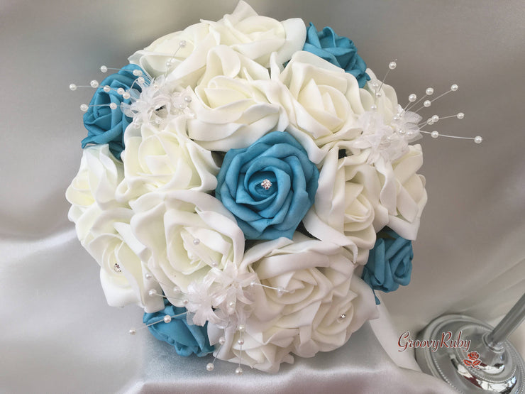 Turquoise & Ivory Rose Crystal With Ivory Pearl Babies Breath