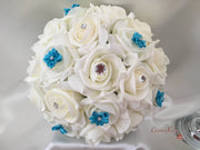 Rose Bouquets With Turquoise Satin Diamante Flowers