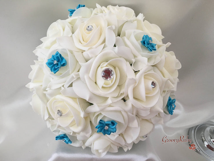 Rose Bouquets With Turquoise Satin Diamante Flowers