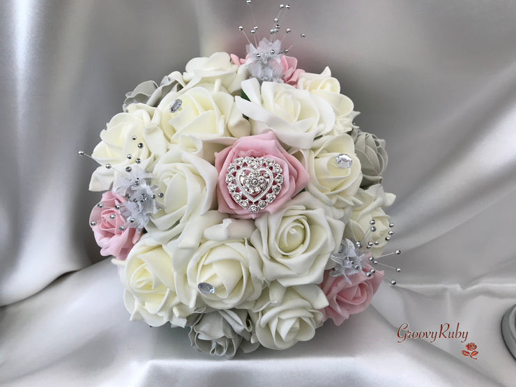 Dusky Pink & Silver Roses With Delicate Heart Brooch