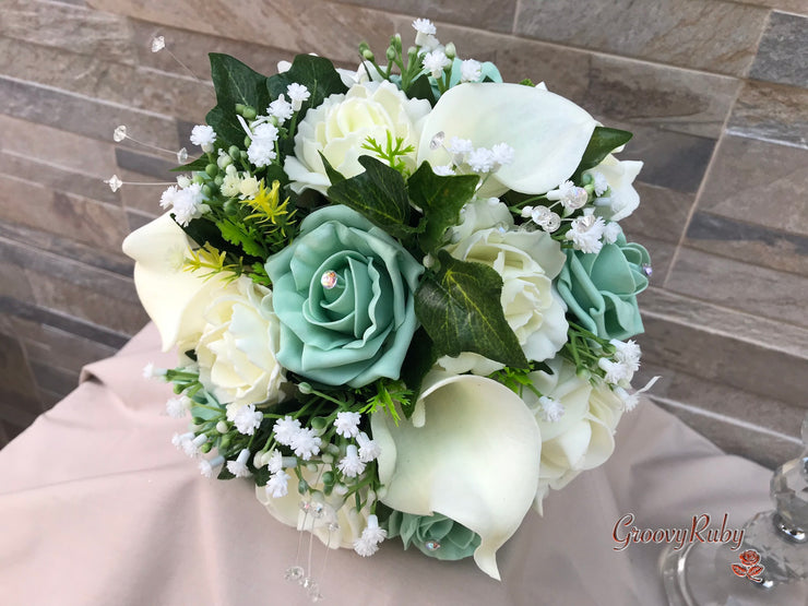 Mint Green Roses & Ivory Carnations With Calla Lily & Gypsophila