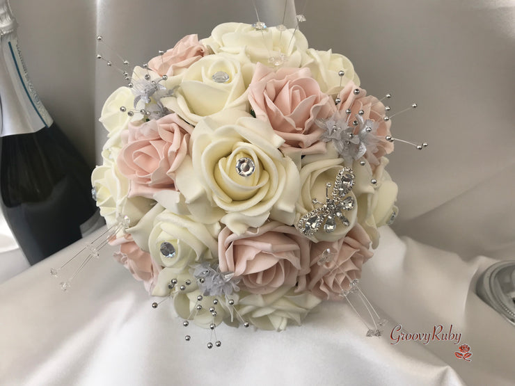 Mocha Pink & Ivory Rose With Silver & Crystal Butterfly