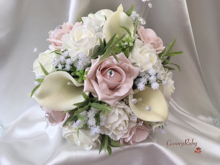 Mocha Pink Roses & Ivory Carnations With Calla Lily & Gypsophila