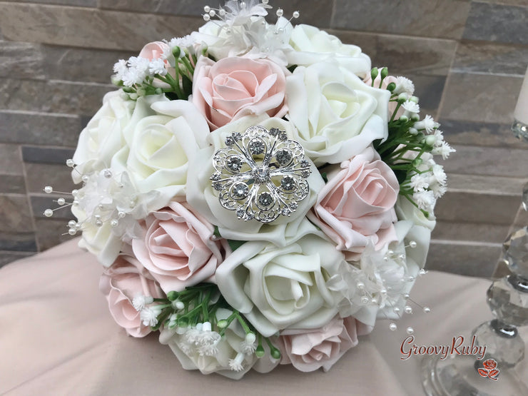 Mocha Pink & Ivory Rose With Round Filigree Brooch