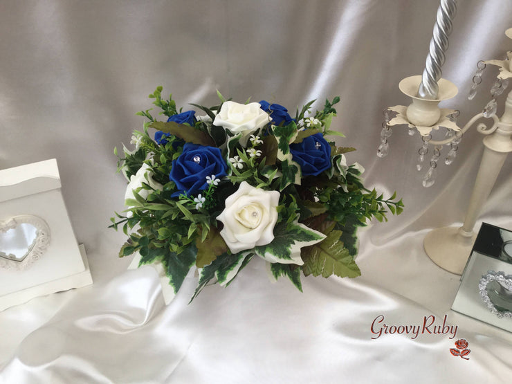 Royal Blue & Ivory Rose Small Round Table Arrangement