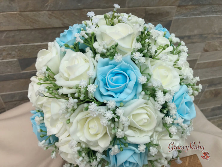 Baby Blue Roses With Gypsophila