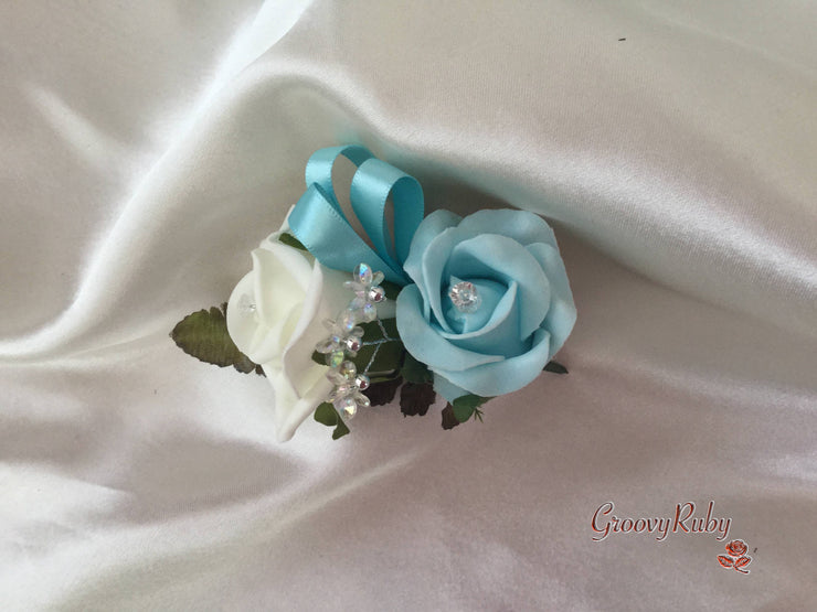 Ladies Pin On Corsage With Crystal Spray & Ribbon - Colour Combination Of Your Choice