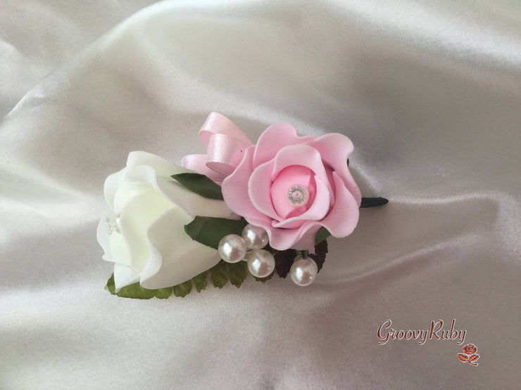 Ladies Pin On Corsage With Pearl Spray & Ribbon - Colour Combination Of your Choice