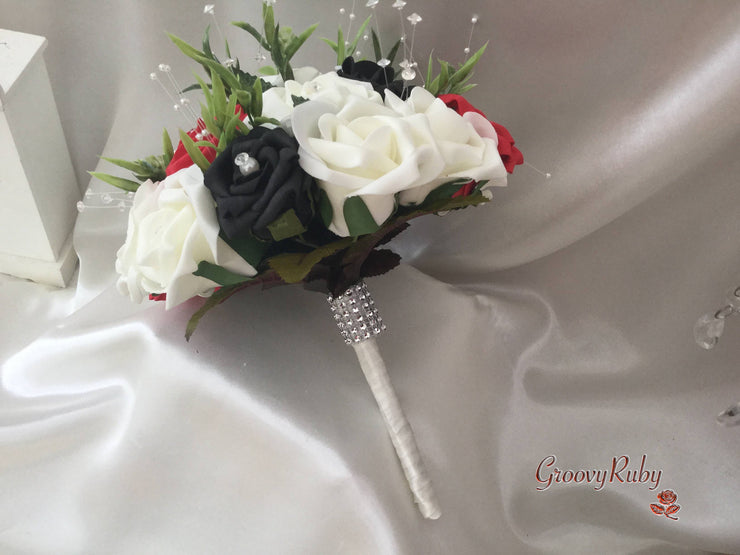 Black, Red & Ivory Rose With Foliage & Crystal Sprays