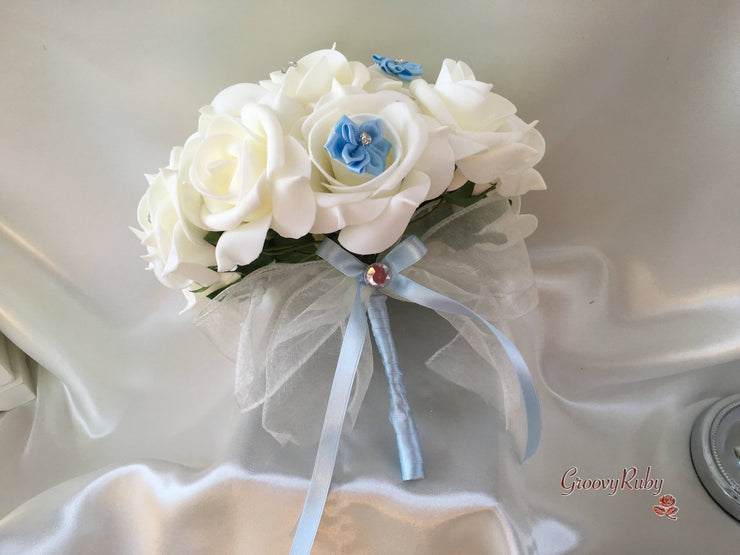 Rose Bouquets With Baby Blue Satin Diamante Flowers