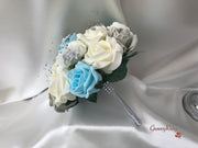 Baby Blue, Silver & Ivory Roses With Delicate Heart Brooch