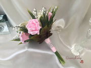 Baby Pink Rose, Lily of the Valley & Large Calla Lily With Diamante Brooch