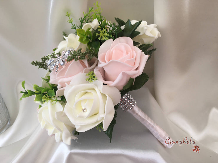 Blush Pink Rose & Large Ivory Calla Lilies With Crystal Butterfly Brooch