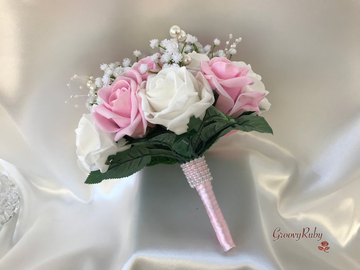 Baby Pink & Ivory Roses With Gypsophila & Pearl Sprays