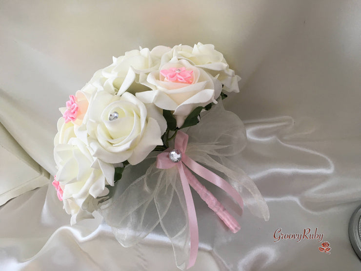 Rose Bouquets With Baby Pink Satin Diamante Flowers