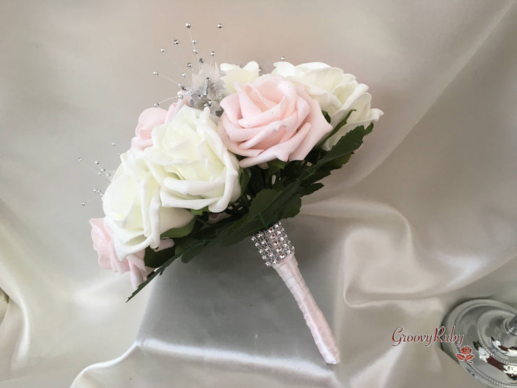 Blush Pink Glitter Rose With Silver Babies Breath