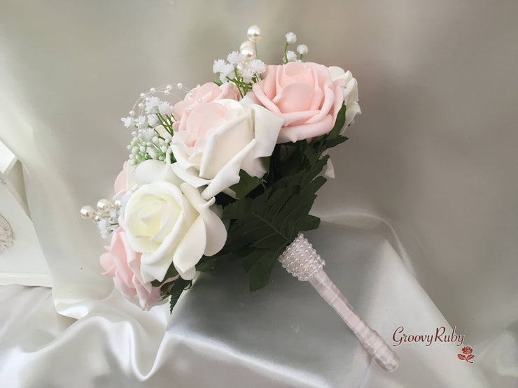 Blush Pink & Ivory Roses With Gypsophila & Pearl Sprays