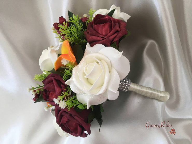 Ivory Glitter Rose, Orange Calla Lily, Burgundy Rose & Berries