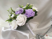 Lilac Roses With White & Cadbury Purple Centred Calla Lilies & Crystal Butterfly Brooch