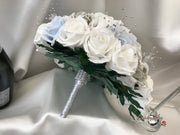 Ice Blue, Silver & White Roses With Delicate Heart Brooch