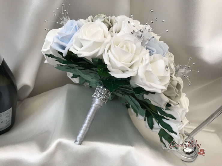 Ice Blue, Silver & White Roses With Delicate Heart Brooch