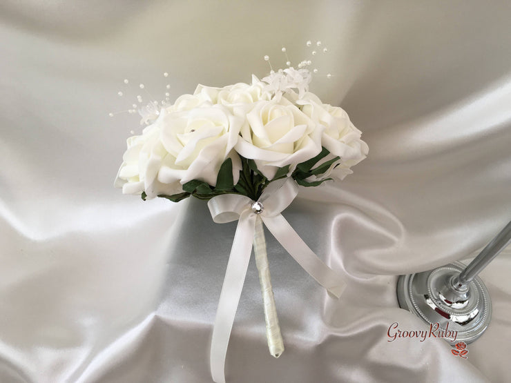 Ivory Rose Crystal With Ivory Pearl Babies Breath