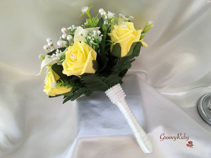 Lemon Rose & Large Calla Lily With Pearl Sprays & Pearl Brooch