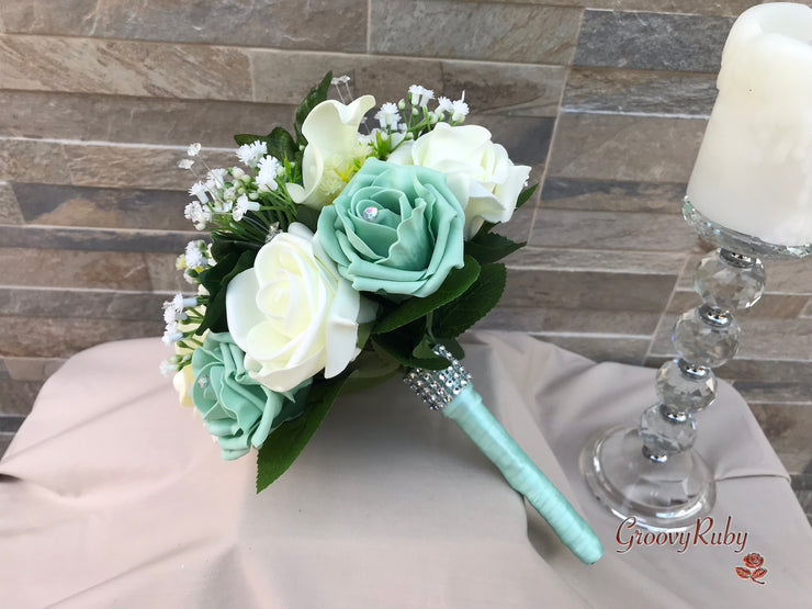Mint Green Roses & Ivory Carnations With Calla Lily & Gypsophila