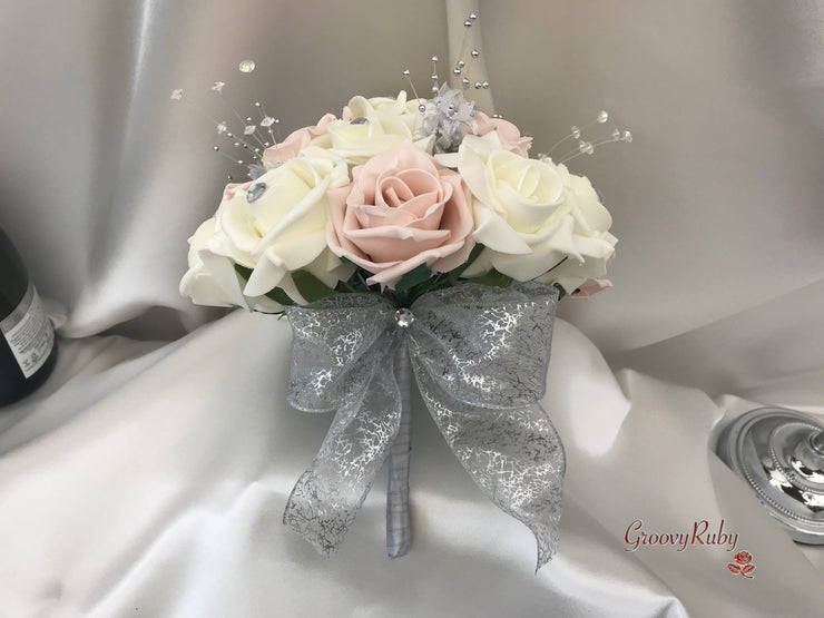 Mocha Pink & Ivory Rose With Silver & Crystal Butterfly