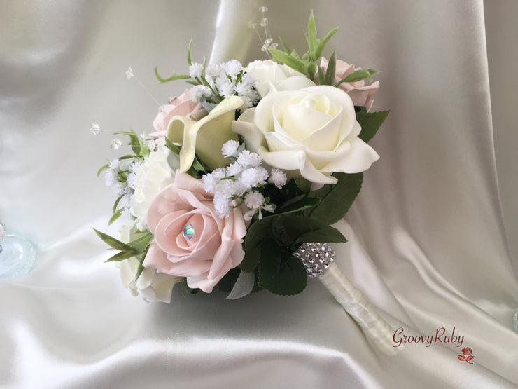 Mocha Pink Roses & Ivory Carnations With Calla Lily & Gypsophila