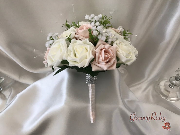 Mocha Pink & Ivory Rose With Foliage, Gypsophila & Crystal Sprays