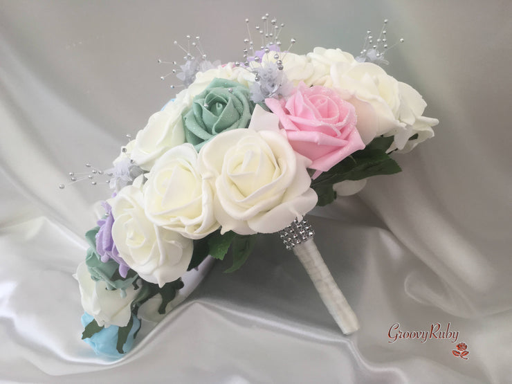 Pastel Glitter Roses With Silver Babies Breath