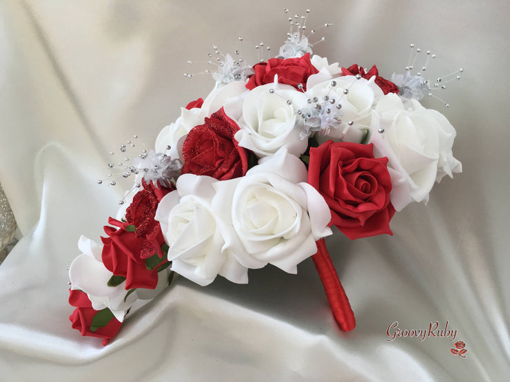 Red Glitter Rose With Silver Babies Breath