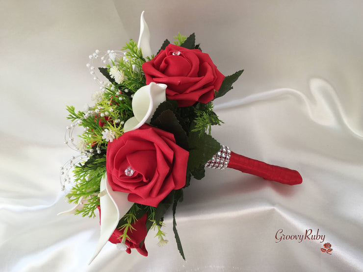Red Rose & Calla Lily With Pearls & Diamante Heart Brooch