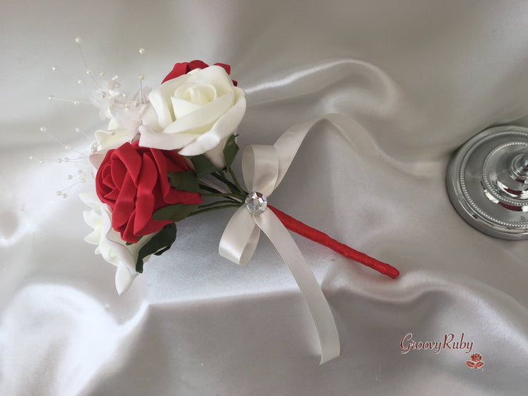 Red & Ivory Rose Crystal With Ivory Pearl Babies Breath
