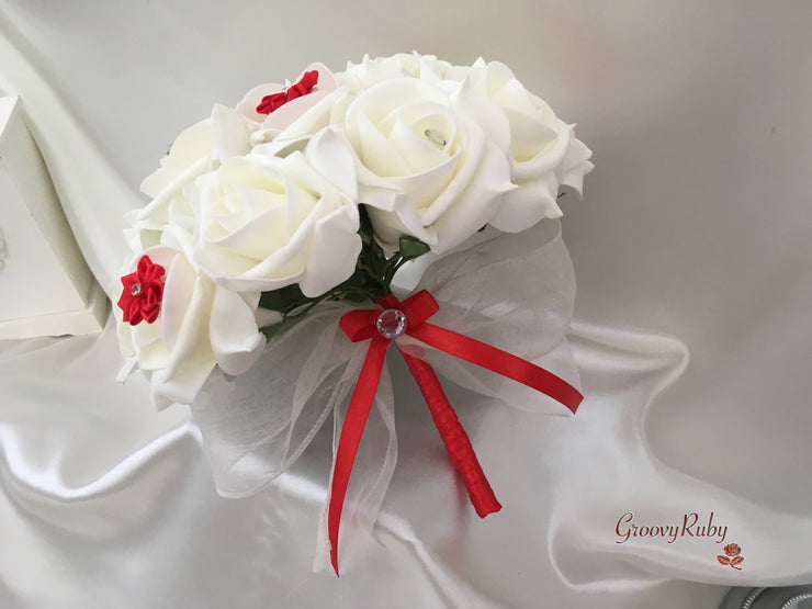 Rose Bouquets With Red Satin Diamante Flowers