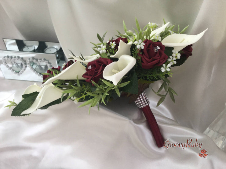 Burgundy Rose & Large Ivory Calla Lily