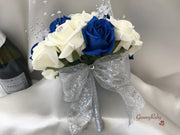 Royal Blue & Ivory Rose With Silver & Crystal Butterfly