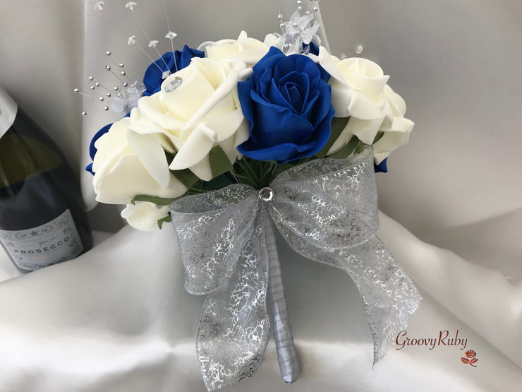 Royal Blue & Ivory Rose With Silver & Crystal Butterfly