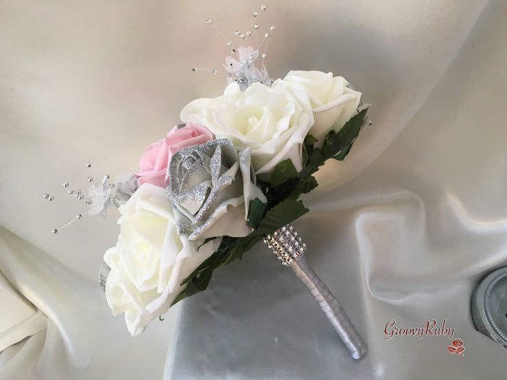 Silver Glitter & Dusky Pink Rose With Silver Babies Breath