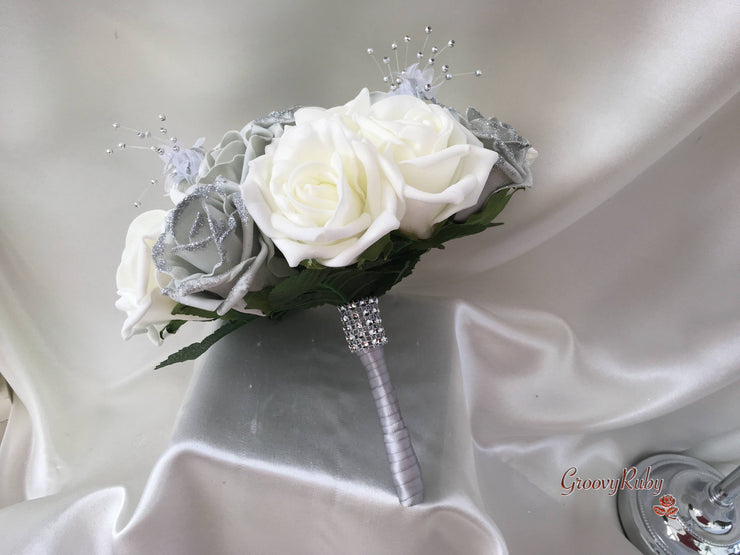 Silver Glitter Rose With Silver Babies Breath